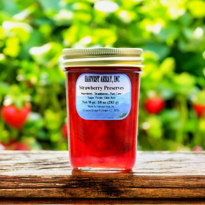 See the chunks of real strawberries in our jars of Strawberry Preserves. Order today at harvestarray.com.  Made in America.