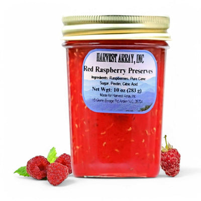 Made in the beautiful Blue Ridge Mountains of NC, each 10 oz. jar of raspberry preserves is packed with whole red raspberries right off the bush. Made for Harvest Array.