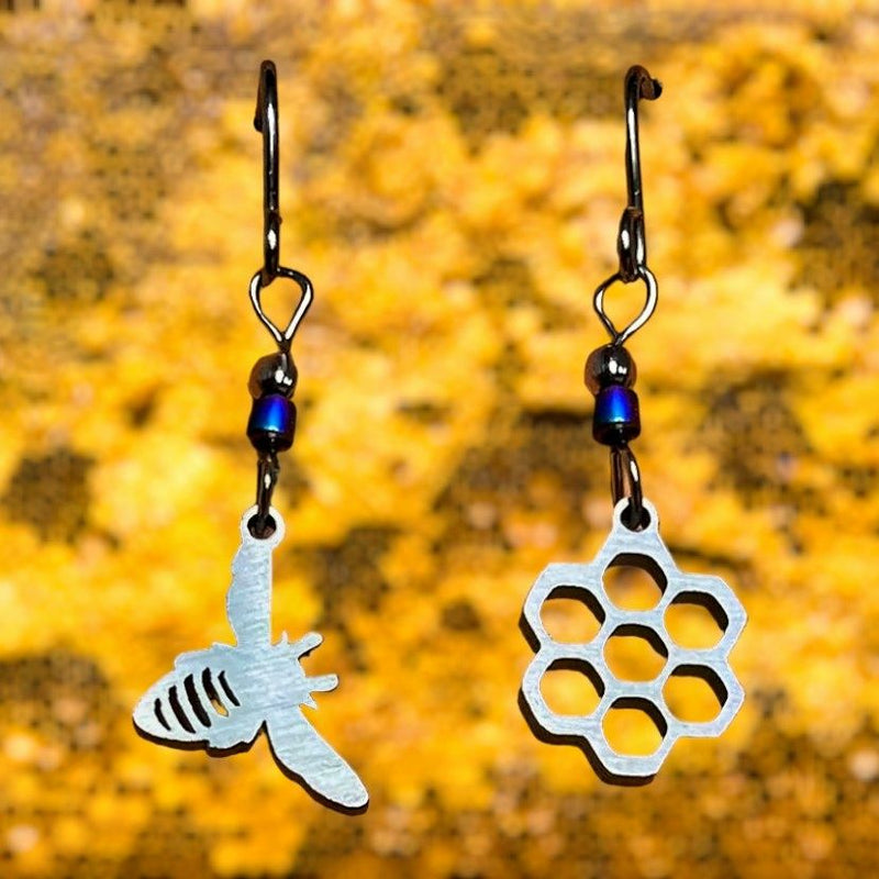 Bee and Honeycomb Stainless Steel Earrings on Harvest Array.