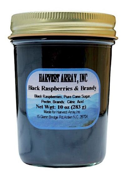 Blue Ridge Jams Black Berries and Brandy ship in a 10 ounce, reusable, glass jar from Harvest Array.