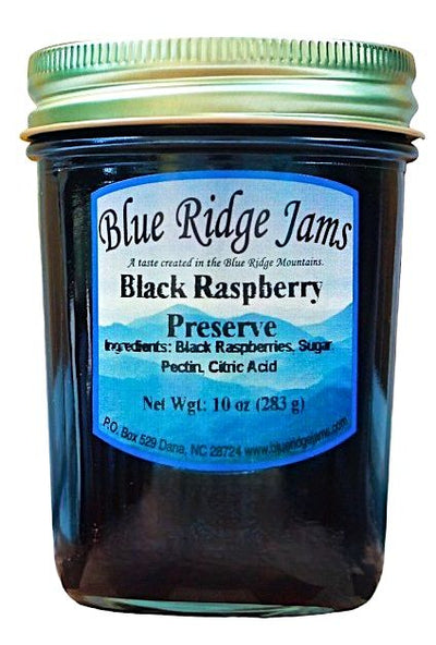 Blue Ridge Jams Black Raspberry Preserves in a 10 oz. jar is made in the Blue Ridge Mountains, of course! Sold online at harvestarray.com.