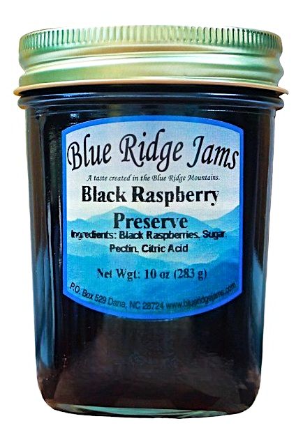 Blue Ridge Jams Black Raspberry Preserves in a 10 oz. jar is made in the Blue Ridge Mountains, of course! Sold online at harvestarray.com.