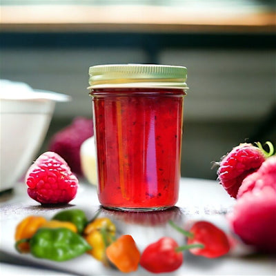 Close up of Blue Ridge Jams Habanero Raspberry Jam for Harvest Array