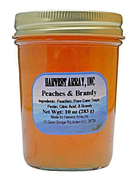 Peaches and Brandy Gourmet Jam is packaged in a 10 ounce, recyclable glass jar and wrapped for safe delivery to your doorstep for Harvest Array.