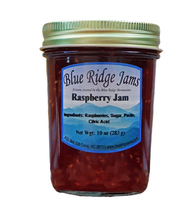 Blue Ridge Raspberry Jam in a 10 oz reusable glass jar. Stock the pantry with jam your family will love from Harvest Array.
