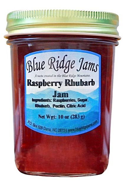 Blue Ridge Jams Raspberry Rhubarb Jam is packed in a 10 oz. glass jar. Purchase online at harvestarray.com.