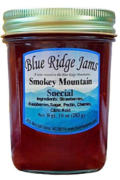 Blue Ridge Jams Smokey Mountain Special Preserves come in a 10 oz. recyclable glass jar.