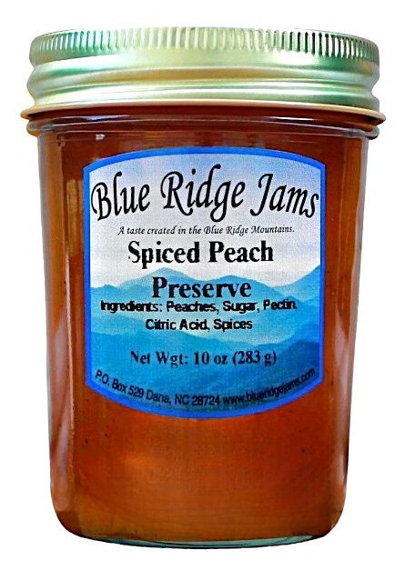 A 10 ounce jar of Blue Ridge Jams Spiced Peach Preserves for Harvest Array.