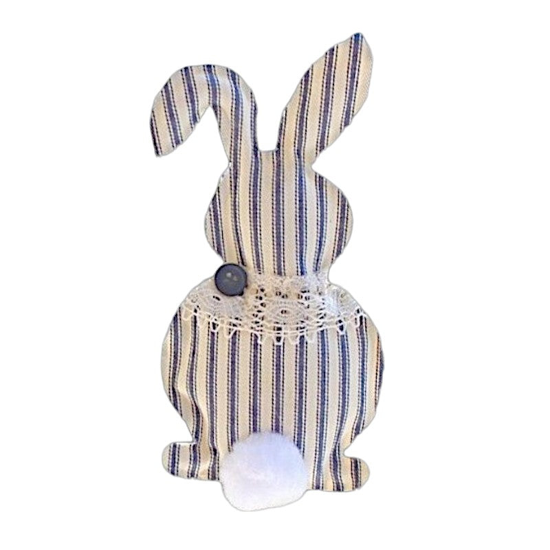 Blue and Cream Striped Easter Bunny Spring with blue button accent. Size: 8" H x 4" L x 1" W. Available at harvestarray.com