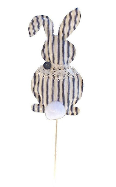 Blue and cream striped Easter Bunny Decoration for the yard or as a plant stake. It has a big fluffy cotton tail and a lace shawl with a button accent. Shop online at Harvest Array