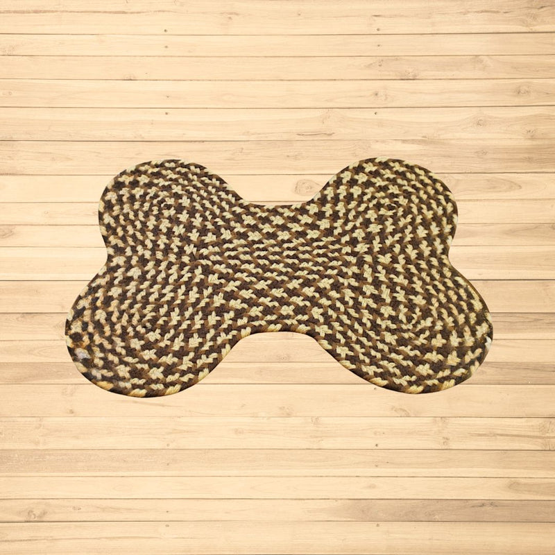 Use a Dog Bone Shaped Braided Rug under your dogs food and water bowls to protect the floor. Order today from Harvest Array.