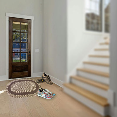 A Brown Classic Block Braided Oval Rug that is 3' x 2' is perfect to put in front of any door to wipe off feet. Buy online at Harvest Array.