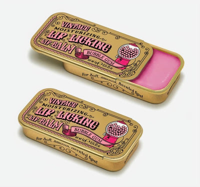 Open and Closed Vintage Slider Tins of Bubble Gum Lip Licking Lip Balm