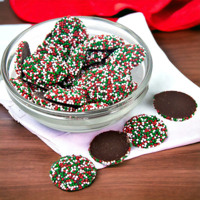 Milk Chocolate Christmas Nonpareils sold in 8oz. packages at Harvest Array