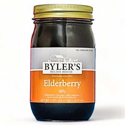 Byler's Relish House Amish Homemade Elderberry Jelly 16 oz. jar.
