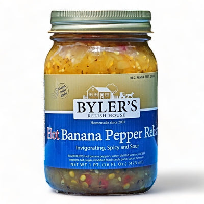 16 oz. jar of Byler's Hot Banana Pepper Relish