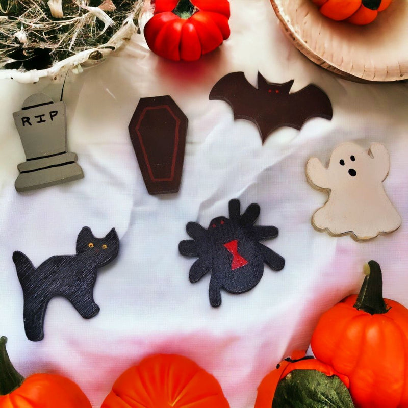 Wooden Halloween Decorations - Set of 6 Mini Bat, Ghost, Cat, Spider, Coffin and Headstone. 