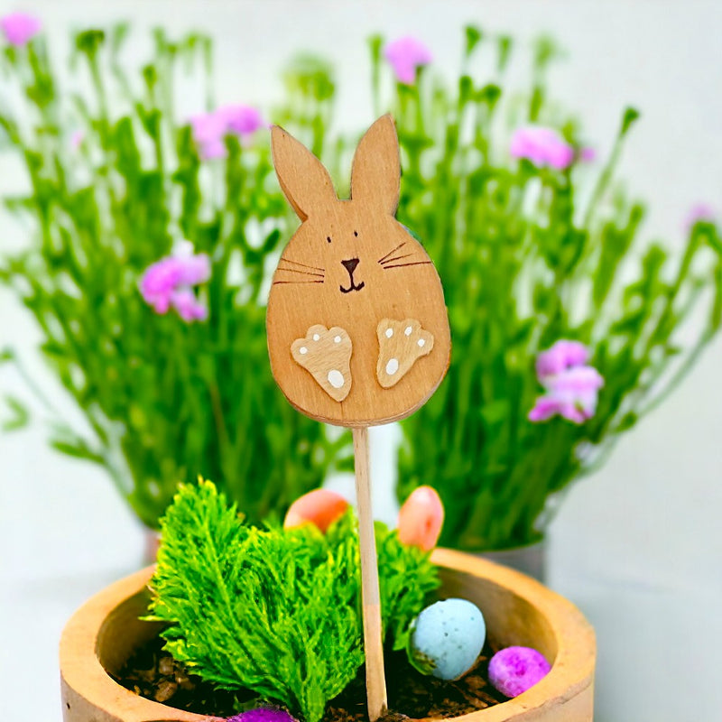 Cute Bunny on a Stick Wooden Easter Spring Decoration on a 6 inch dowel rod.