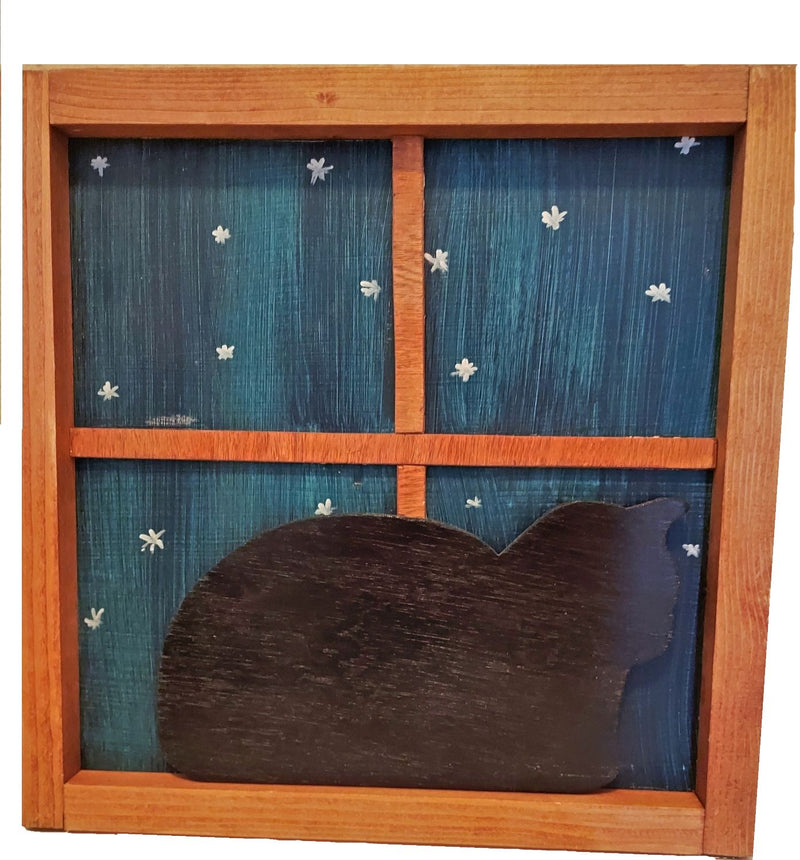 Black Kitty in the Window enjoying the starlight, Plaque.