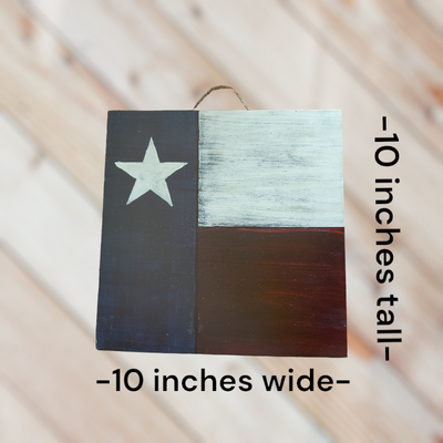 Size of the Handmade Wooden Texas Flag Art is 10 inches square.