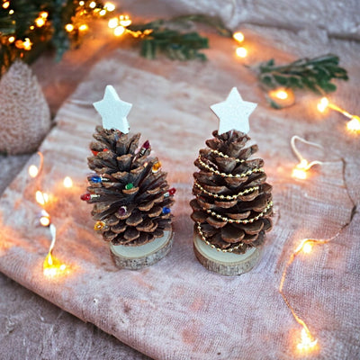 Set of Two Handmade Pinecone Christmas Tree Decorations