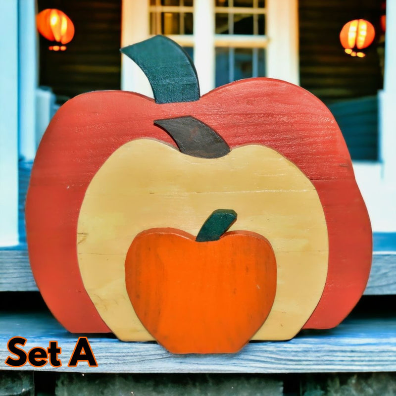 Wooden Fall/Halloween Decorations - Set of 3 Orange Pumpkins. Set A.