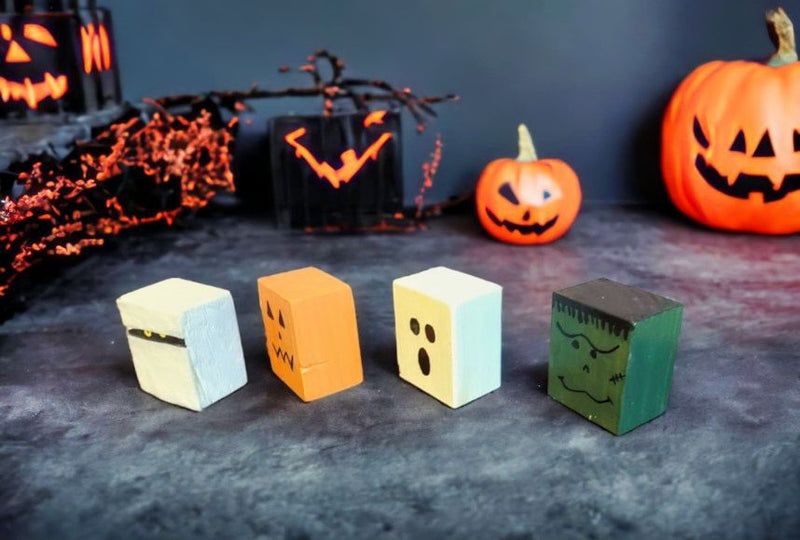 Side view of Handmade Set of 4 Wooden Halloween Blocks 2x2.5x1.5 inches each
