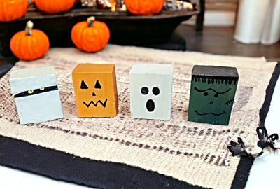 Handmade Set of 4 Wooden Halloween Character Blocks - Mummy, Jack-O-Lantern, Ghost, and Frankenstein. 