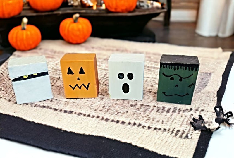 Handmade Set of 4 Wooden Halloween Character Blocks - Mummy, Jack-O-Lantern, Ghost, and Frankenstein. 