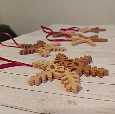 Each snowflake ornament is about 4" in diameter.