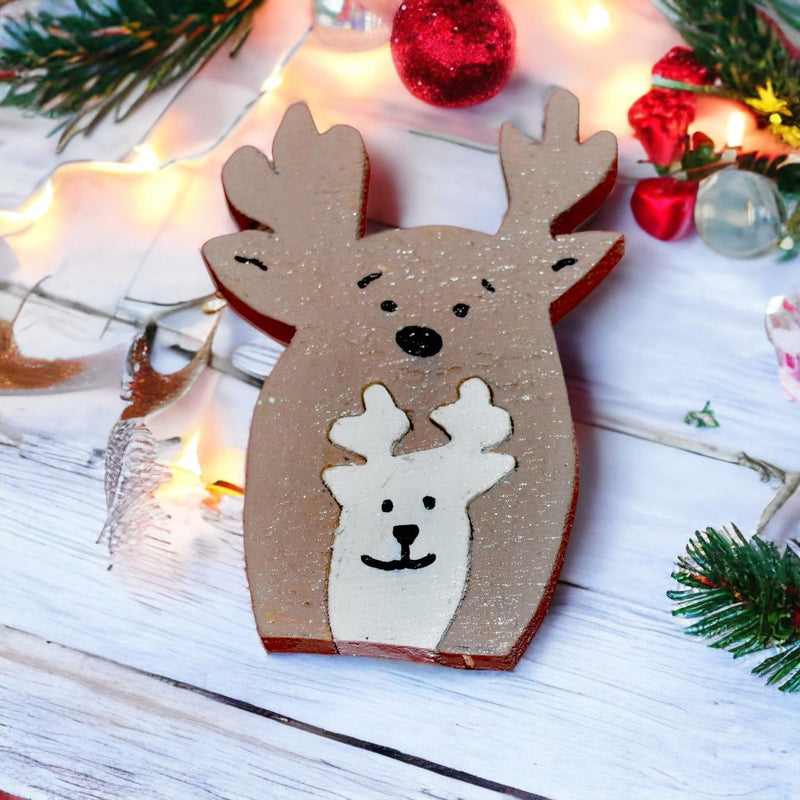 Handmade Two Wooden Nested Reindeer Christmas Decoration for Harvest Array