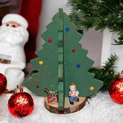 Handmade 3D Wooden Christmas Tree with Ornaments side 2 showing present and polar bear