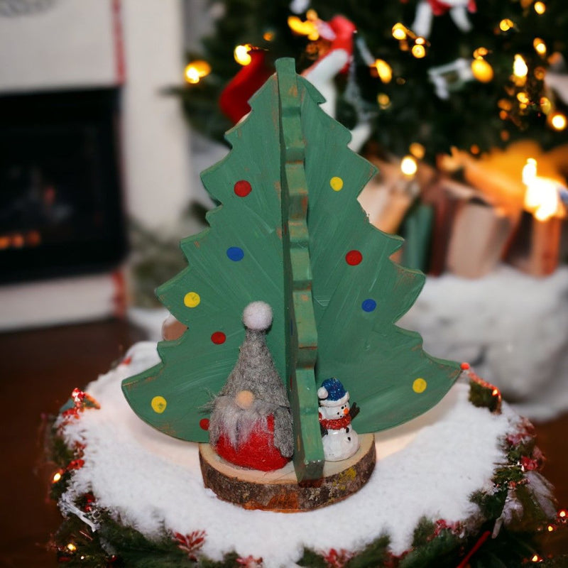 Handmade 3D Wooden Christmas Tree with Ornaments side 1 showing gnome and snowman ornaments.