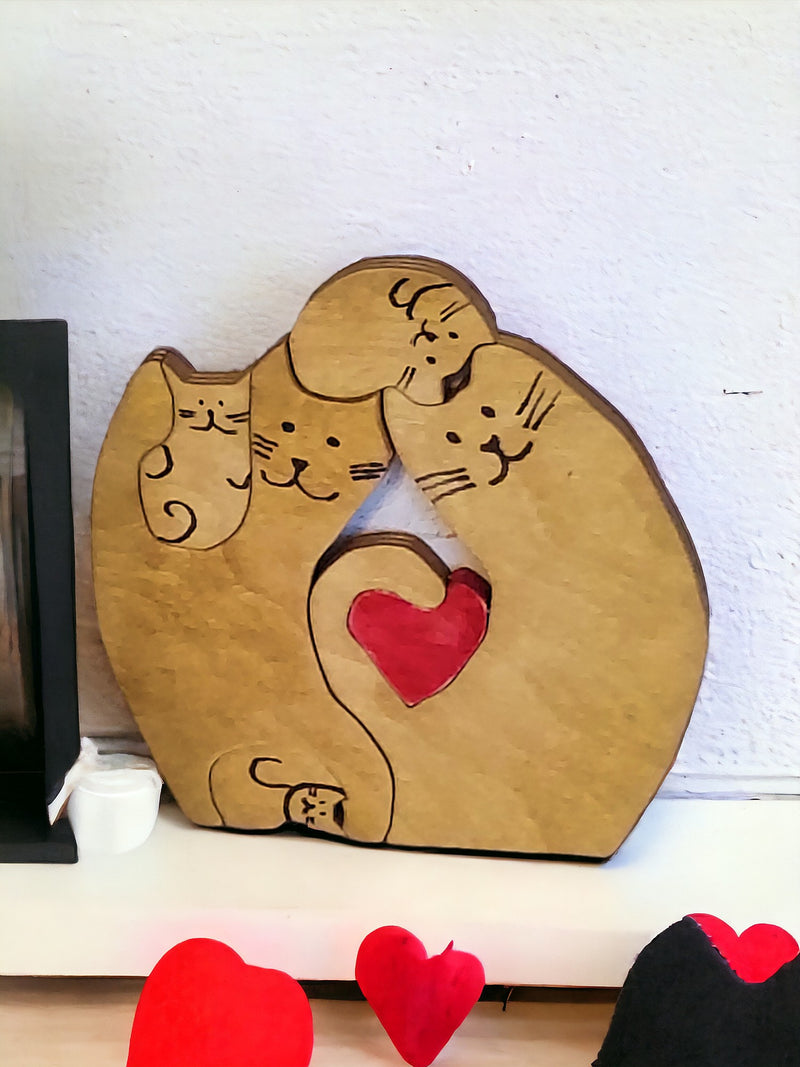 Wooden Cat Family Decoration with a Red Heart on the shelf