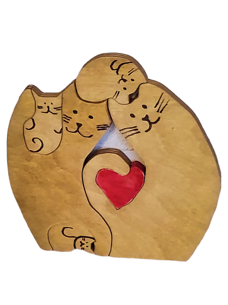Wooden Cat Family Decoration with a Red Heart