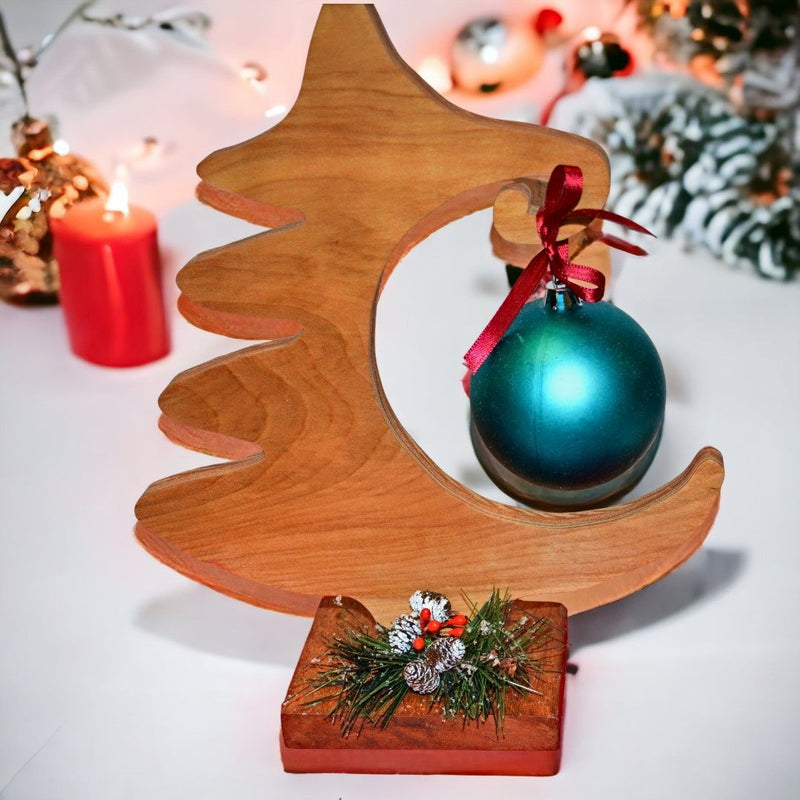 Hand Carved Wooden Christmas Tree Ornament Display with Ornament Included for Harvest Array