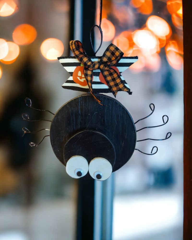 Handmade Wooden Googly Eyed Hanging Spider - Large