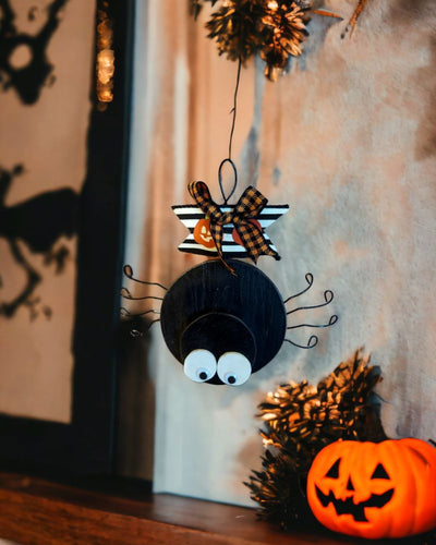 Handmade Wooden Googly Eyed Hanging Spider -Small 7 x 6 x 1/2 inch hanging ornament.