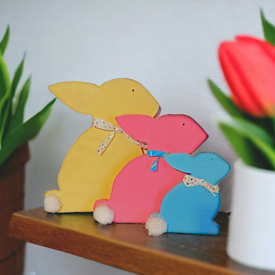 Set of 3 Wooden bunnies, Yellow, Red, and Blue to decorate for Easter or Spring.