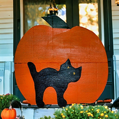 Wooden Fall/Halloween Decoration - Pumpkin with a Scary Cat