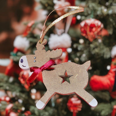Handmade Wooden Reindeer with Star Christmas Ornament on harvestarray.com