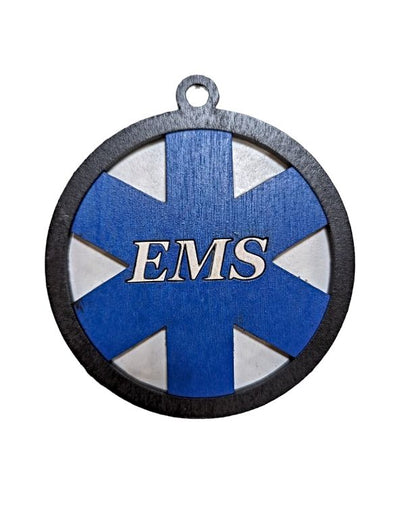 Hand crafted wooden EMS Ornament is 3.5 inches in diameter.