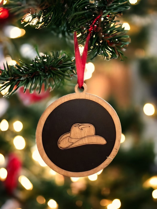 Handcrafted Wooden Cowboy Hat Christmas Ornament.