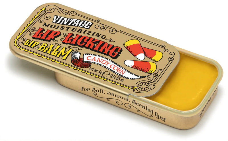 Lip balm tin with vintage design on a white background