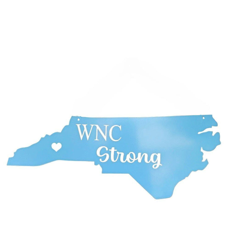 North Carolina Heart Sign with "WNC Strong" written on it and heart over western NC. Now available online in Carolina Blue at Harvest Array.