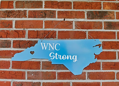 North Carolina Heart Sign with "WNC Strong" written on it and heart over western NC. Now available online at Harvest Array.