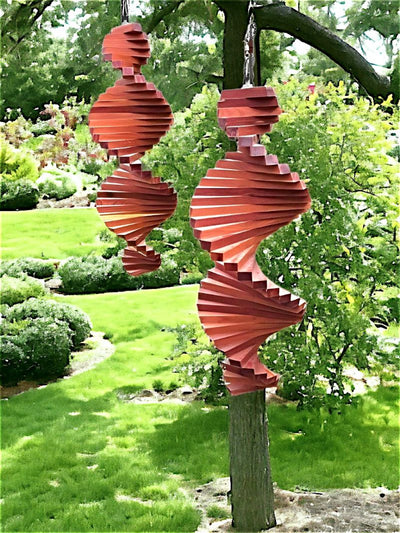 Beautiful Handmade Cedar Wood Wind Spinners can easily hang from a tree branch or shepherd's hook.