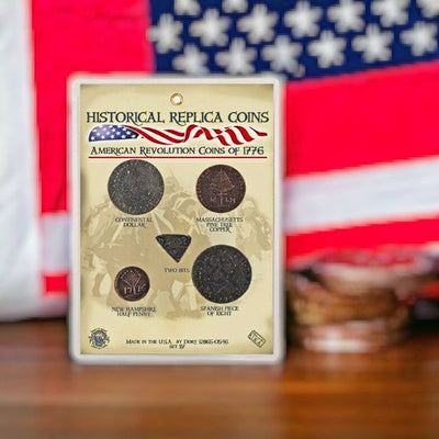 American Revolution Coins of 1776 Historical Replica Coins. Packaged Set of 5 Coins to collect.