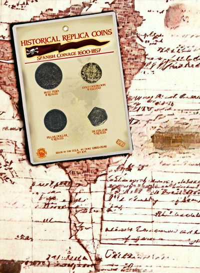 Spanish Coinage of 1600-1857 Historical Replica Coins. Packaged Set of 4 Coins to collect.