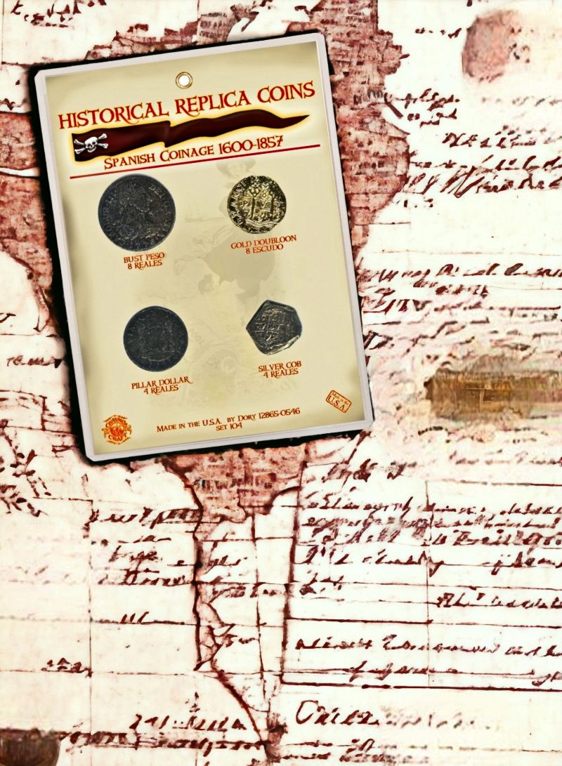 Spanish Coinage of 1600-1857 Historical Replica Coins. Packaged Set of 4 Coins to collect.